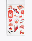 Sheet of colorful stickers with various designs on a white background