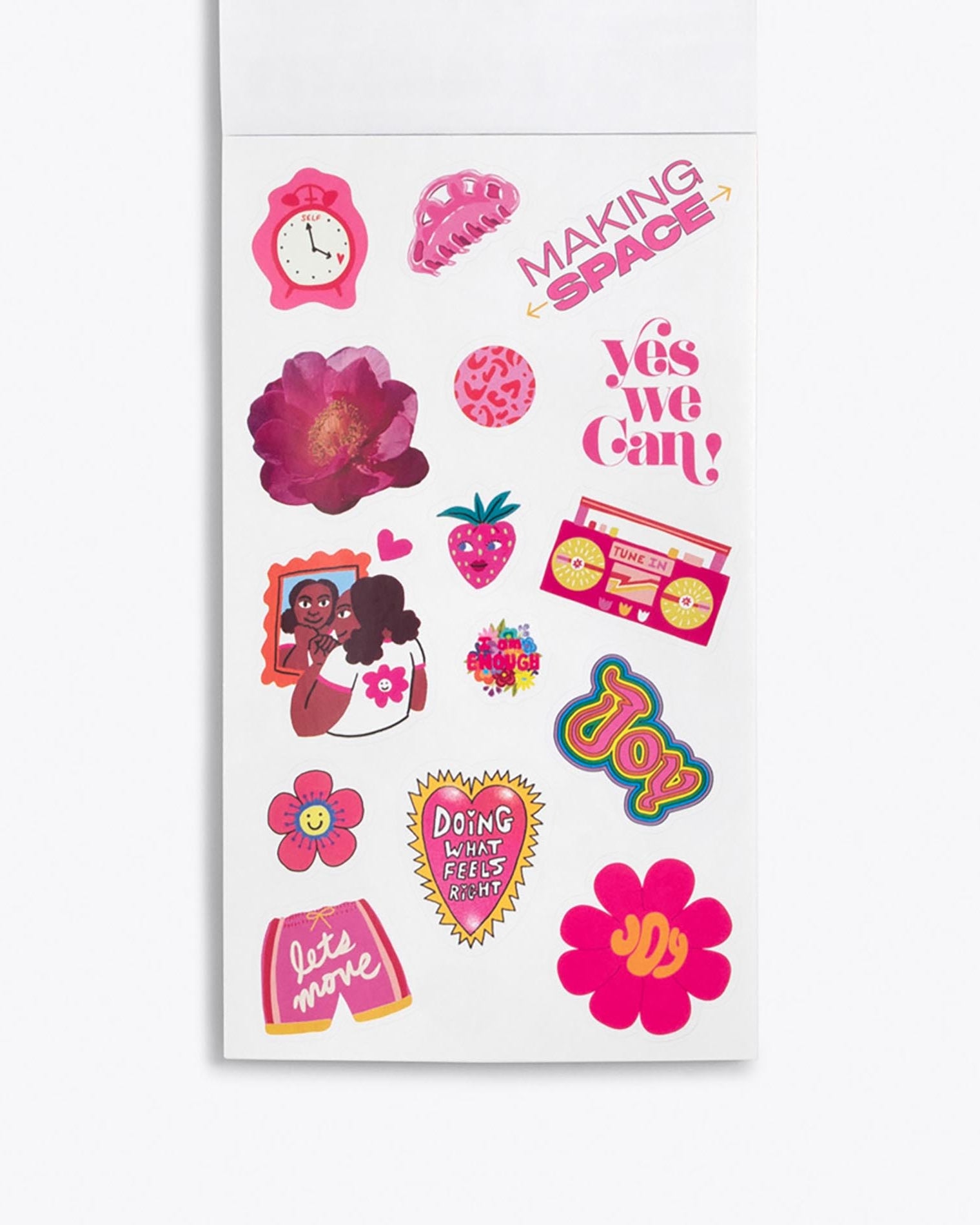 Sheet of colorful stickers with various designs on a white background