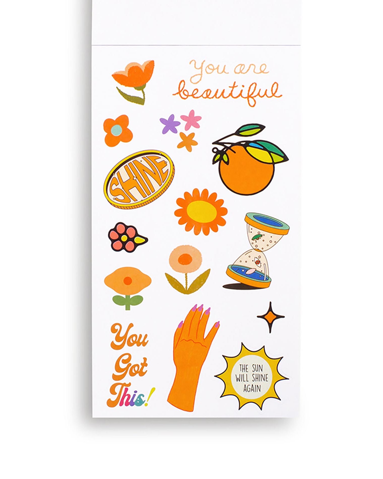 Sheet of colorful stickers with various designs on a white background.