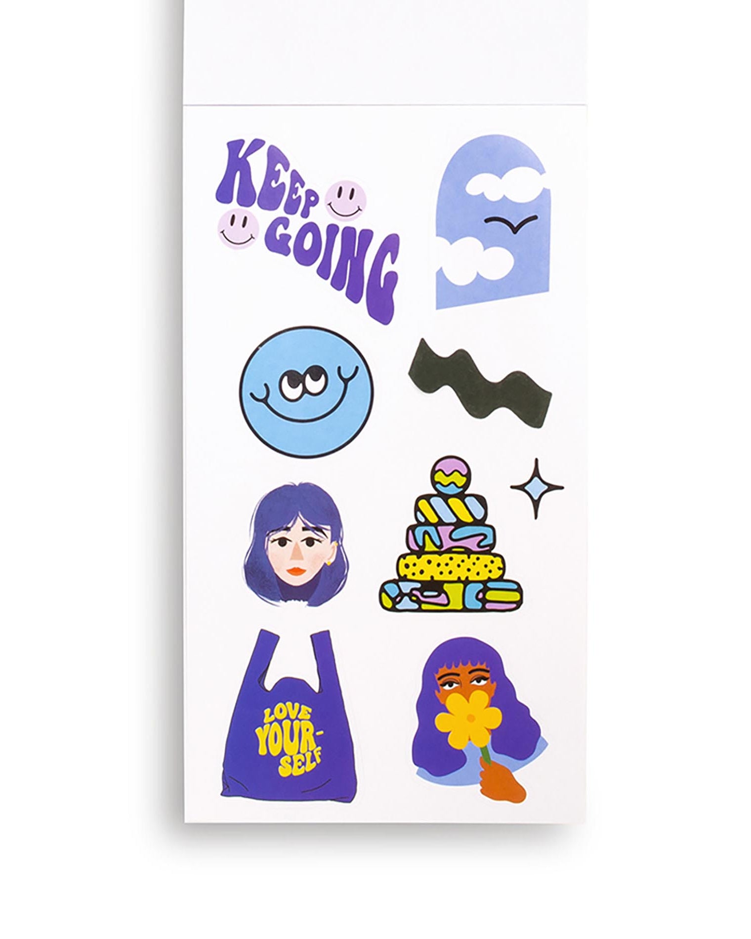 Sheet of colorful stickers with various designs on a white background.
