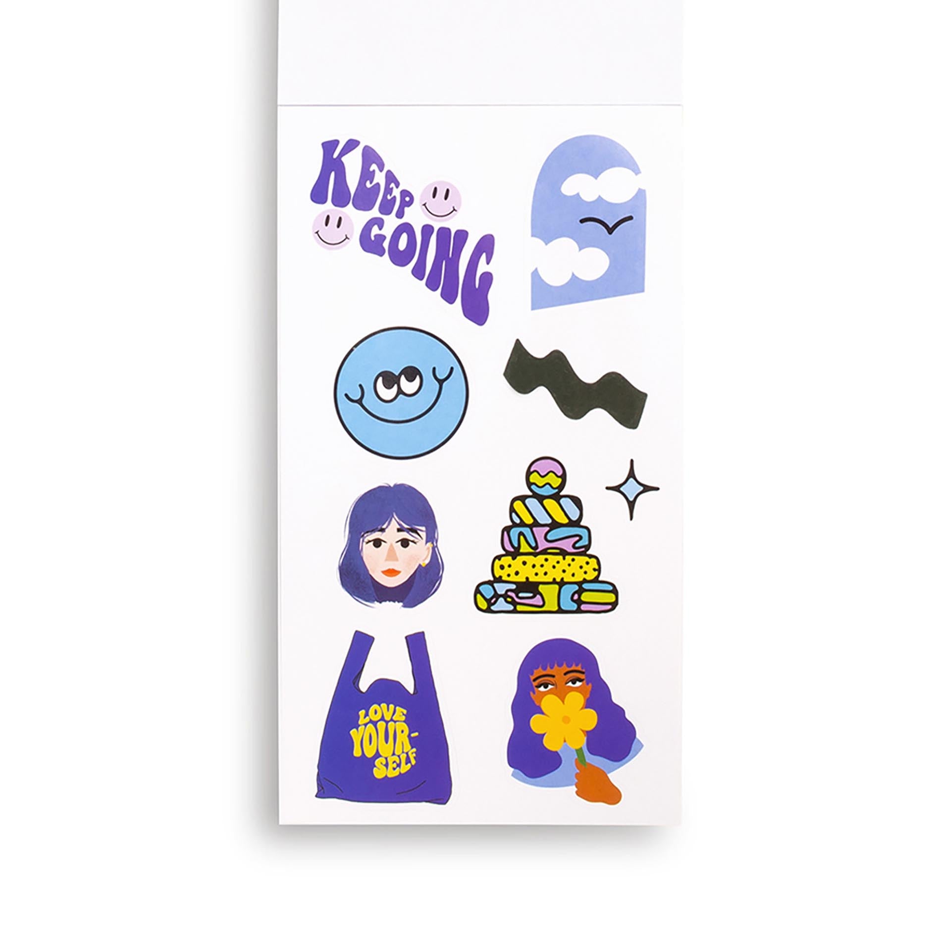 Sheet of colorful stickers with various designs on a white background.