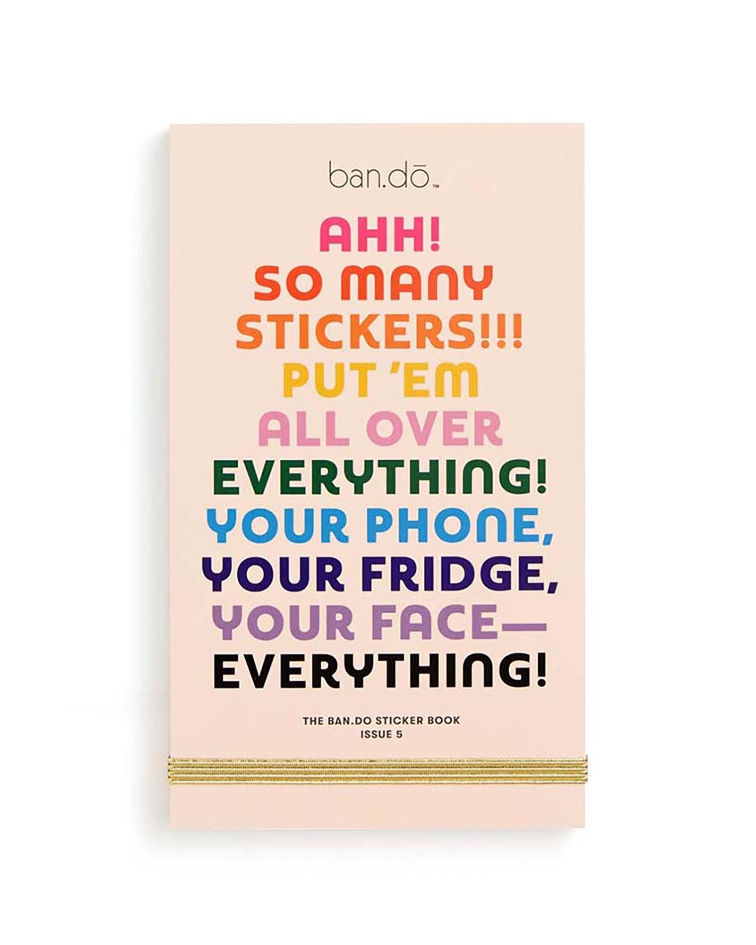 Sticker book with colorful text on a white background