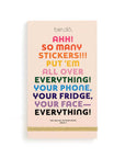 Sticker book with colorful text on a white background