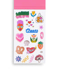 Sheet of colorful stickers with various designs on a white background