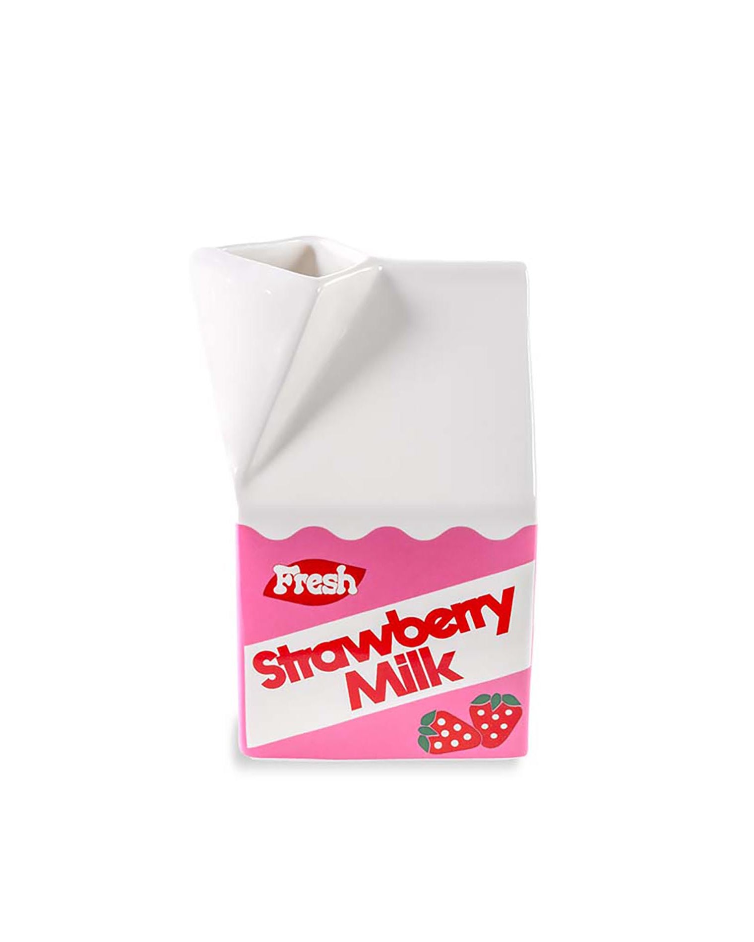 Carton of strawberry milk vase with a white background