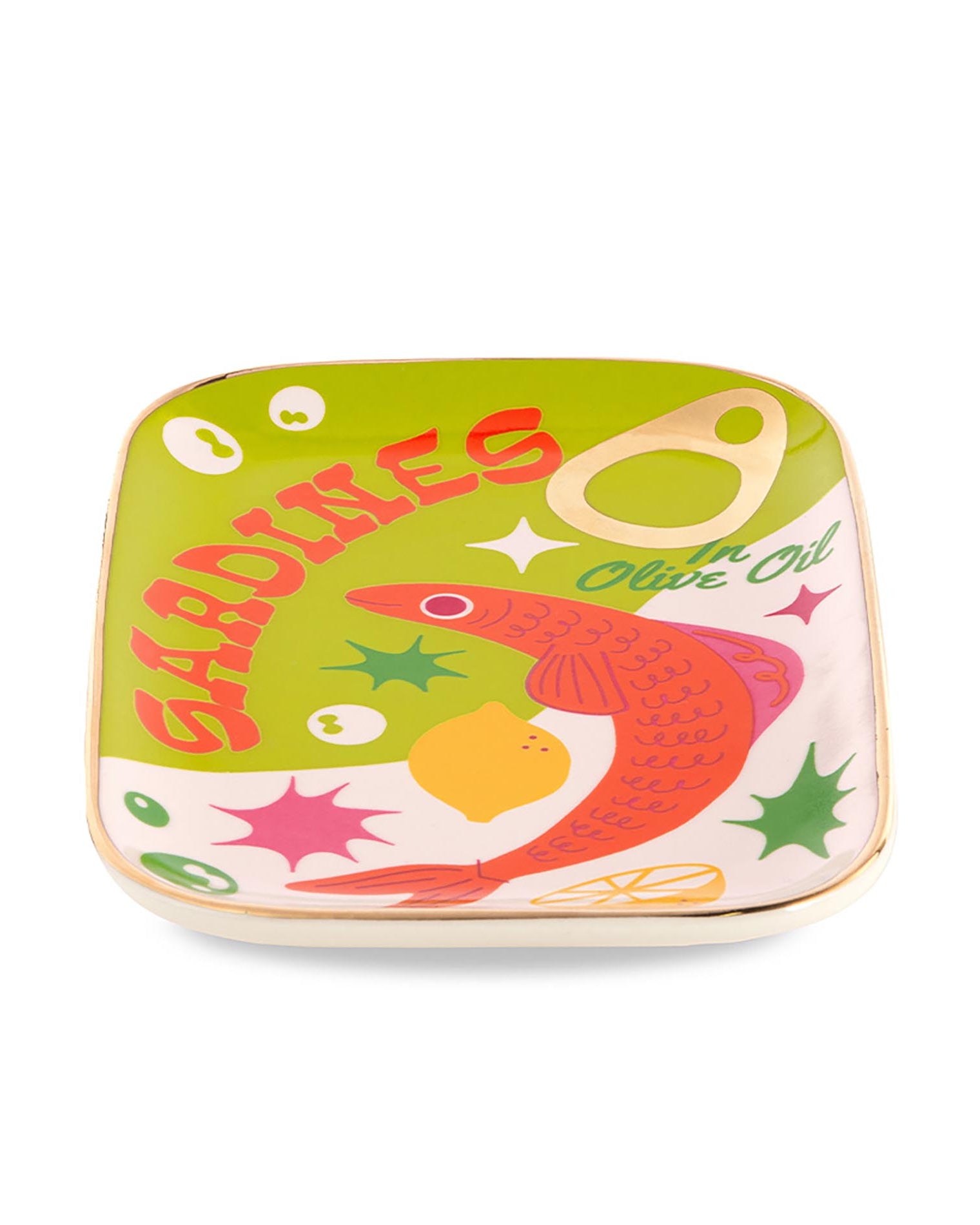 Top view of Colorful sardine ceramic tray on a white background
