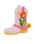 Pink cowboy boot vase with floral design on a white background