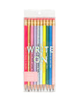 Set of colorful pencils with motivational text in a clear package on a white background