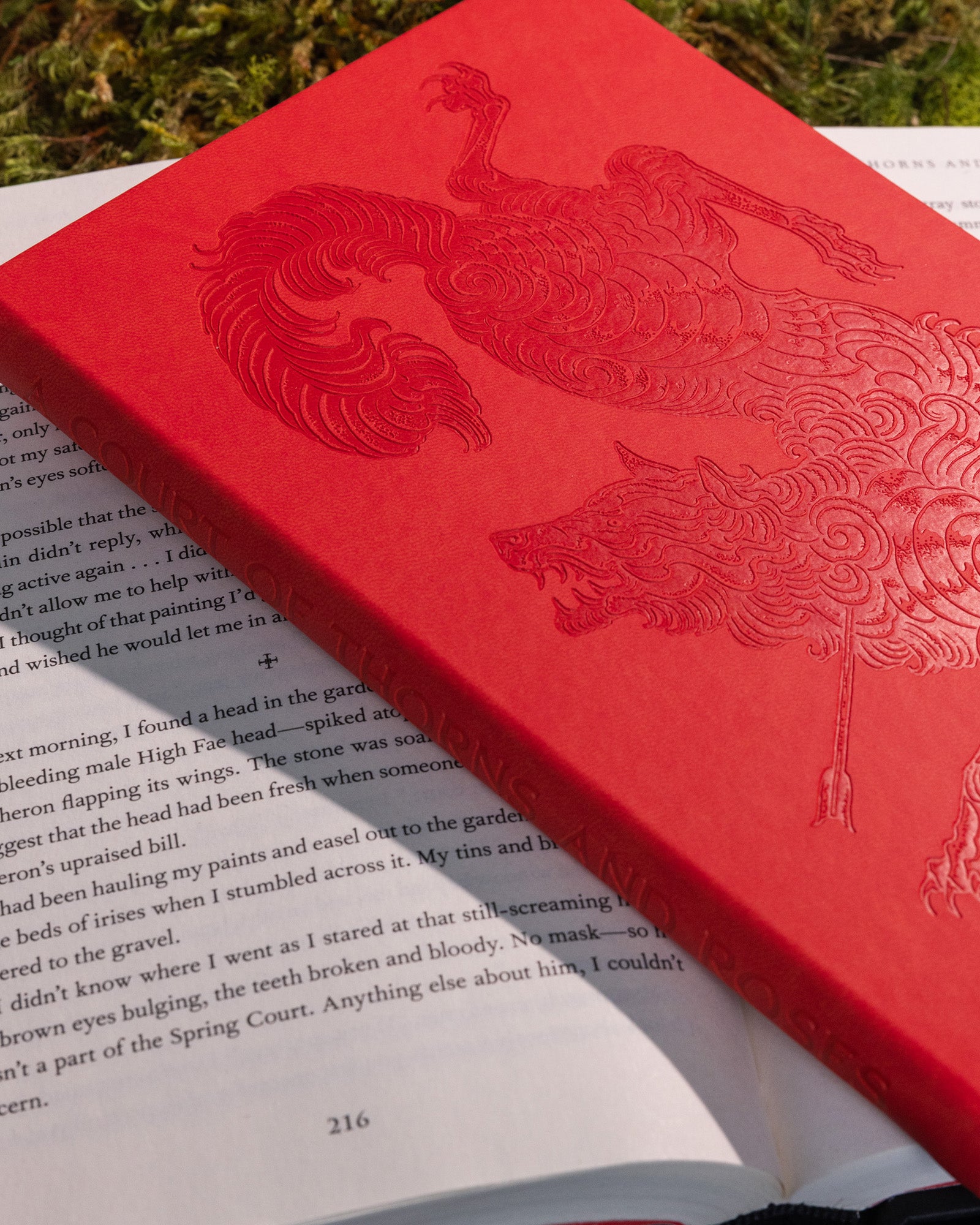 Red notebook with embossed design on a book
