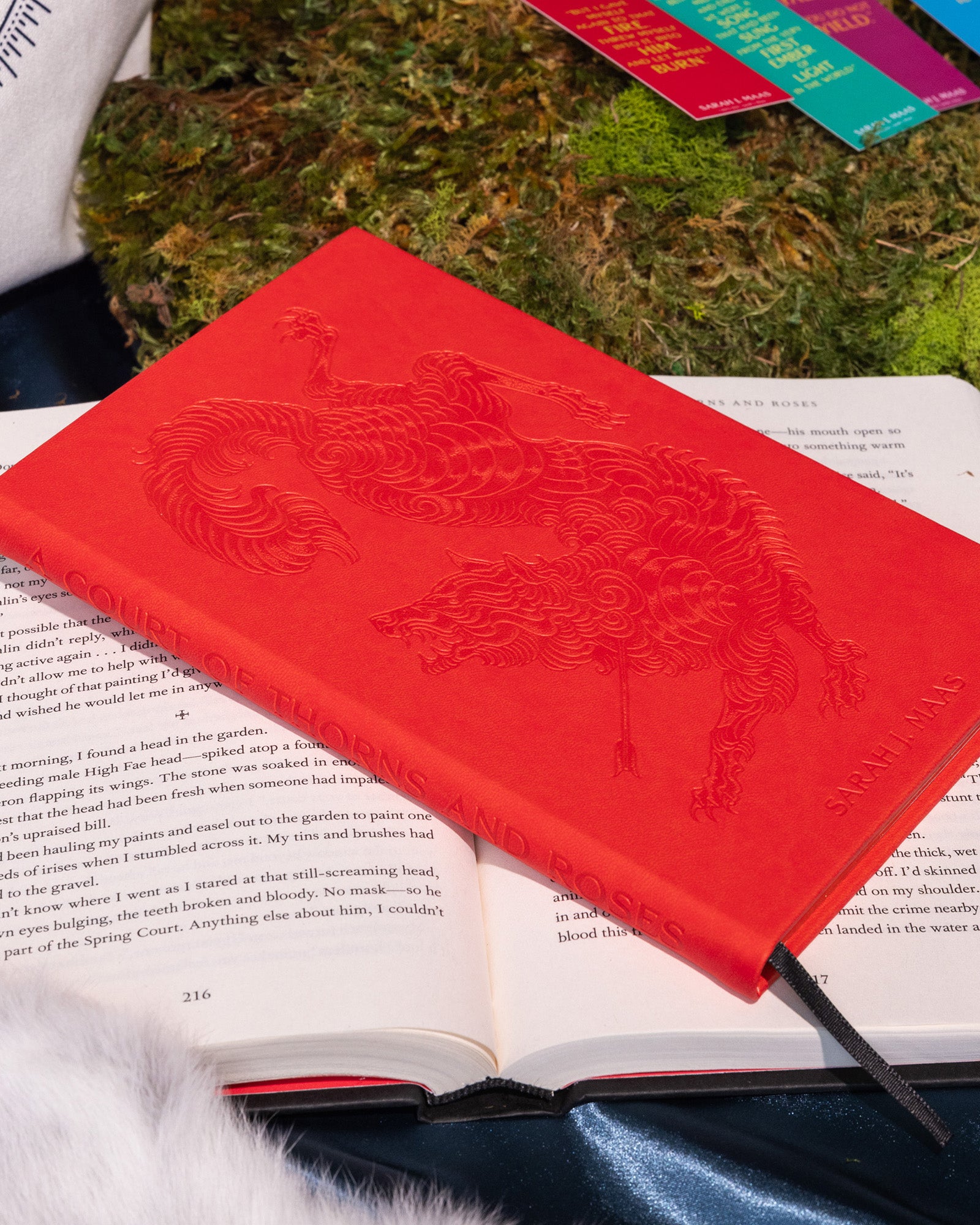 Red notebook with embossed design on an open book, surrounded by books with colorful spines.