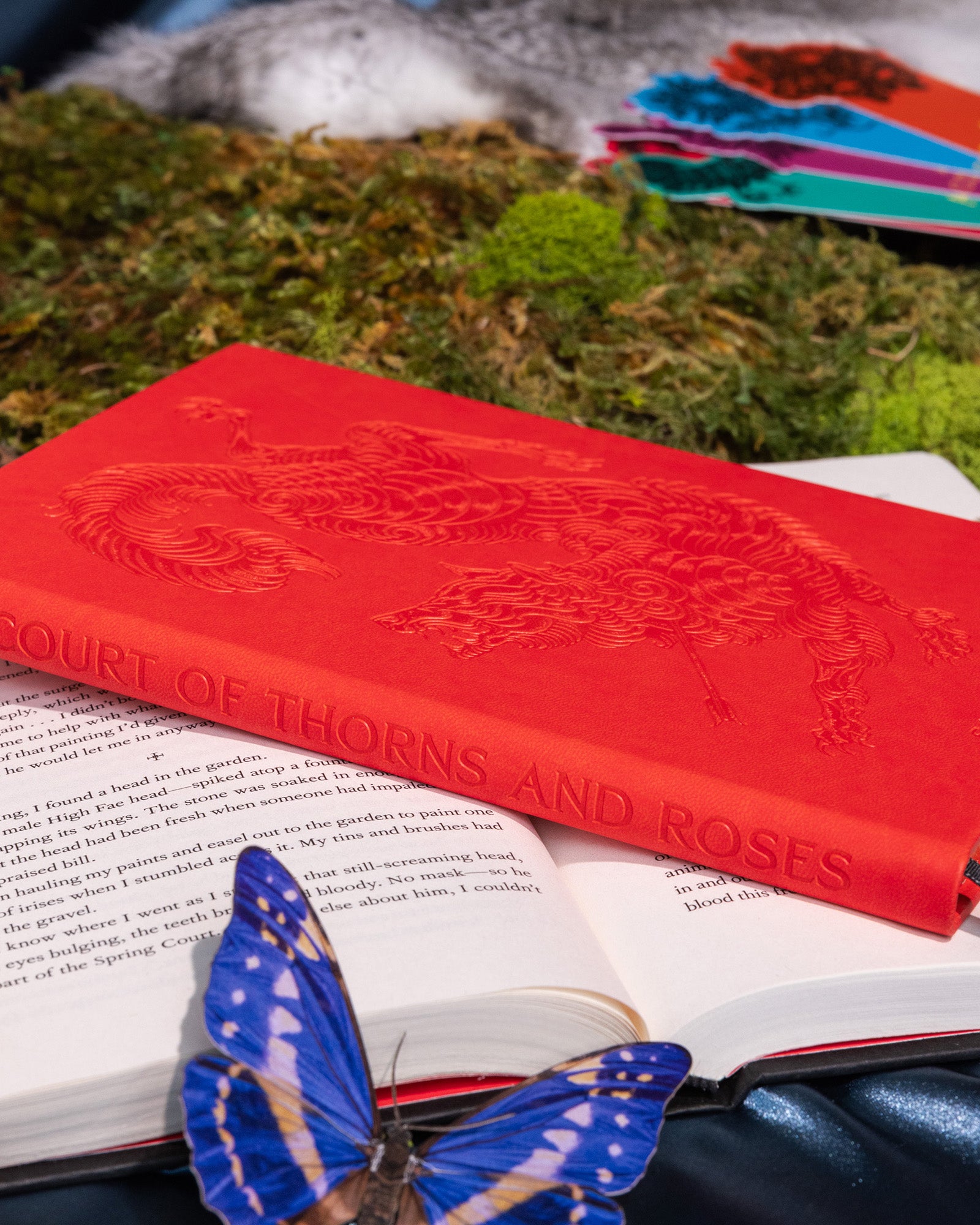 Red book titled 'A Court of Thorns and Roses' with a butterfly on an open book