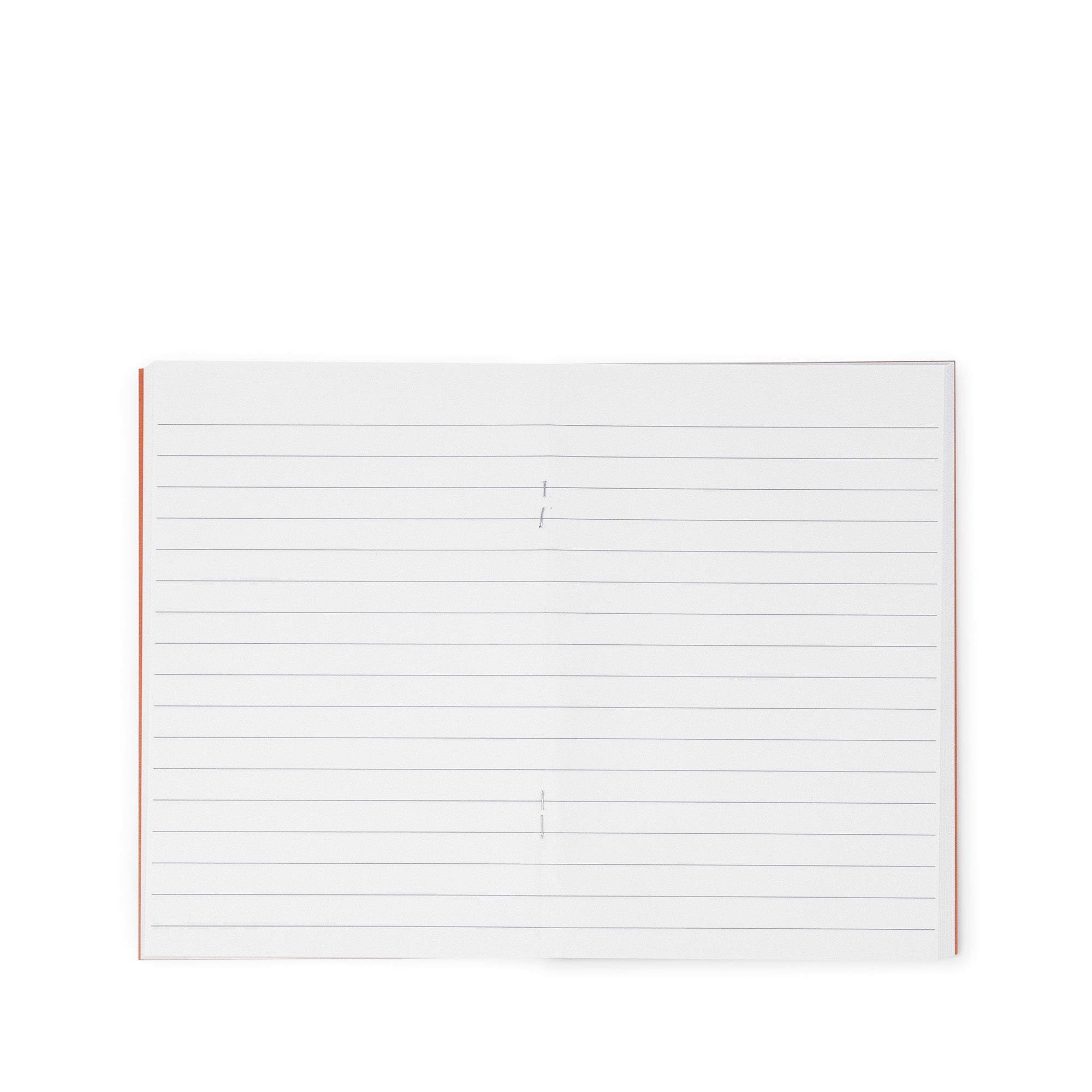 An open lined notebook or journal with white pages and thin horizontal ruling, photographed against a plain white background.
