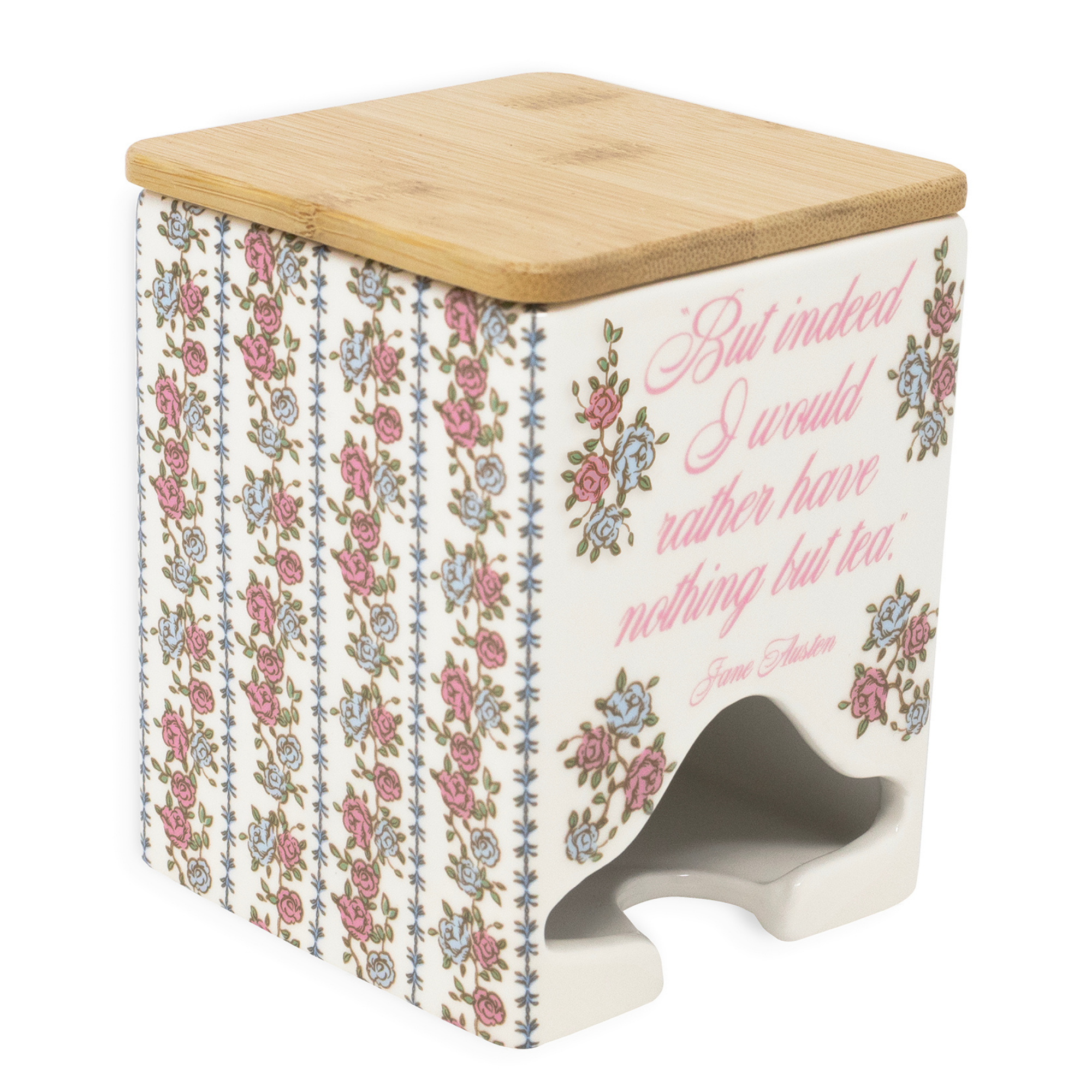 Decorative kitchen stool with floral pattern and wooden top on a white background