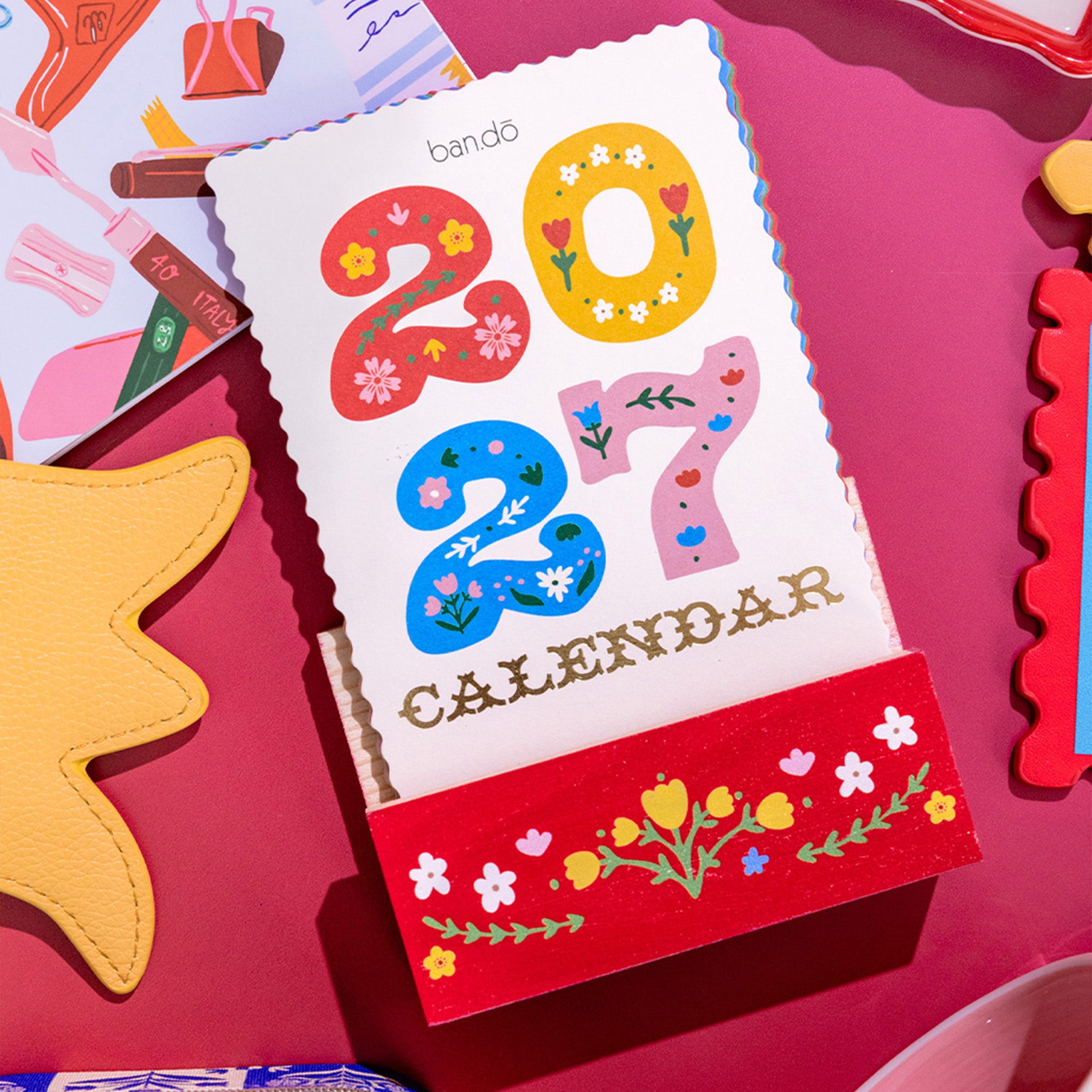 2027 colorful desk calendar with scandinavian folk floral print