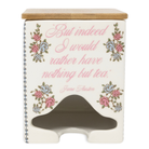 Tea canister with floral designs and text on a white background