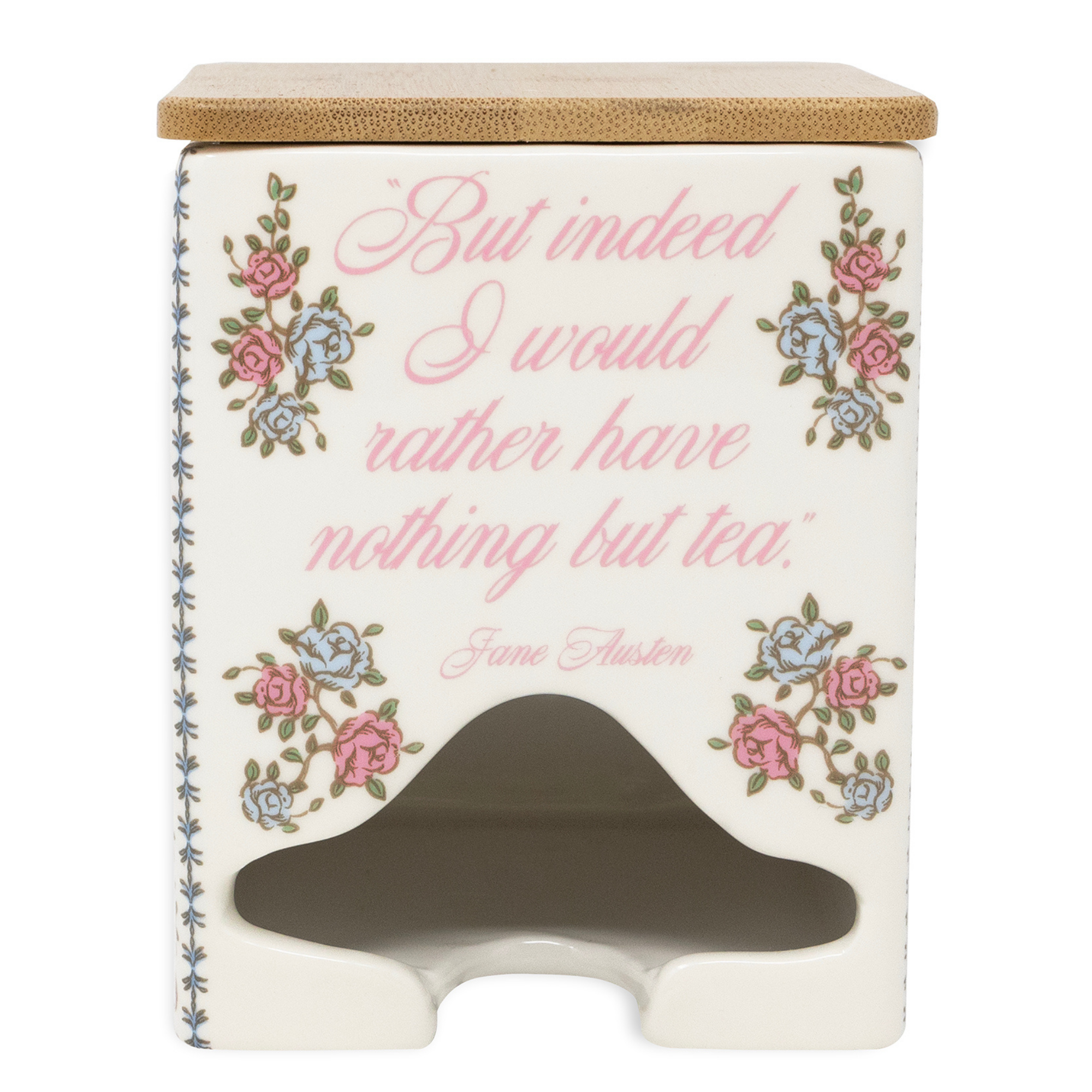 Tea canister with floral designs and text on a white background