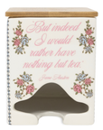Tea canister with floral designs and text on a white background