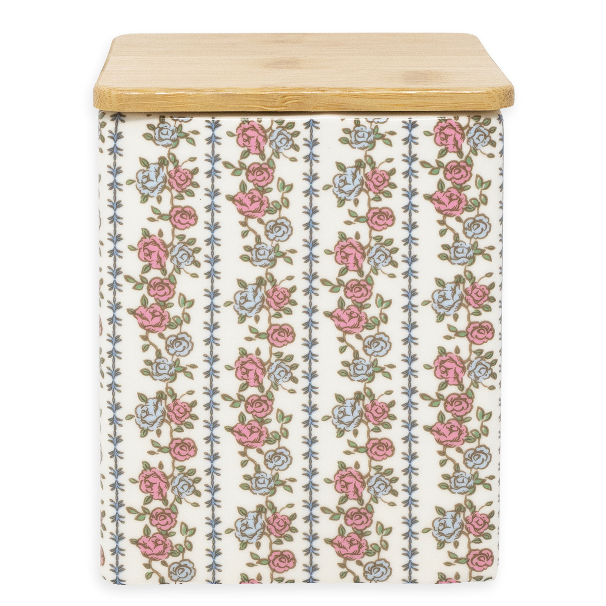 Storage container with floral pattern and wooden lid on a white background