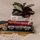 Stack of books including 'Sense and Sensibility', 'Persuasion', and 'Pride and Prejudice' with a plant on top.