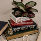 Stack of books with decorative covers, a plant, and a small bottle on a textured surface.
