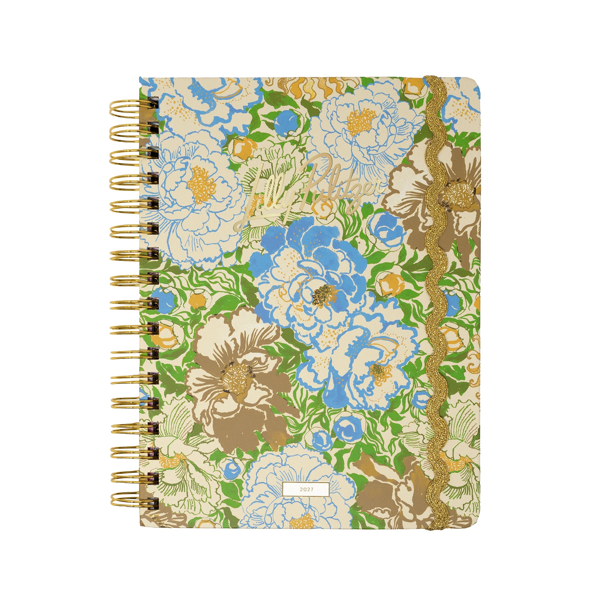 Floral patterned planner with gold spiral binding on a white background