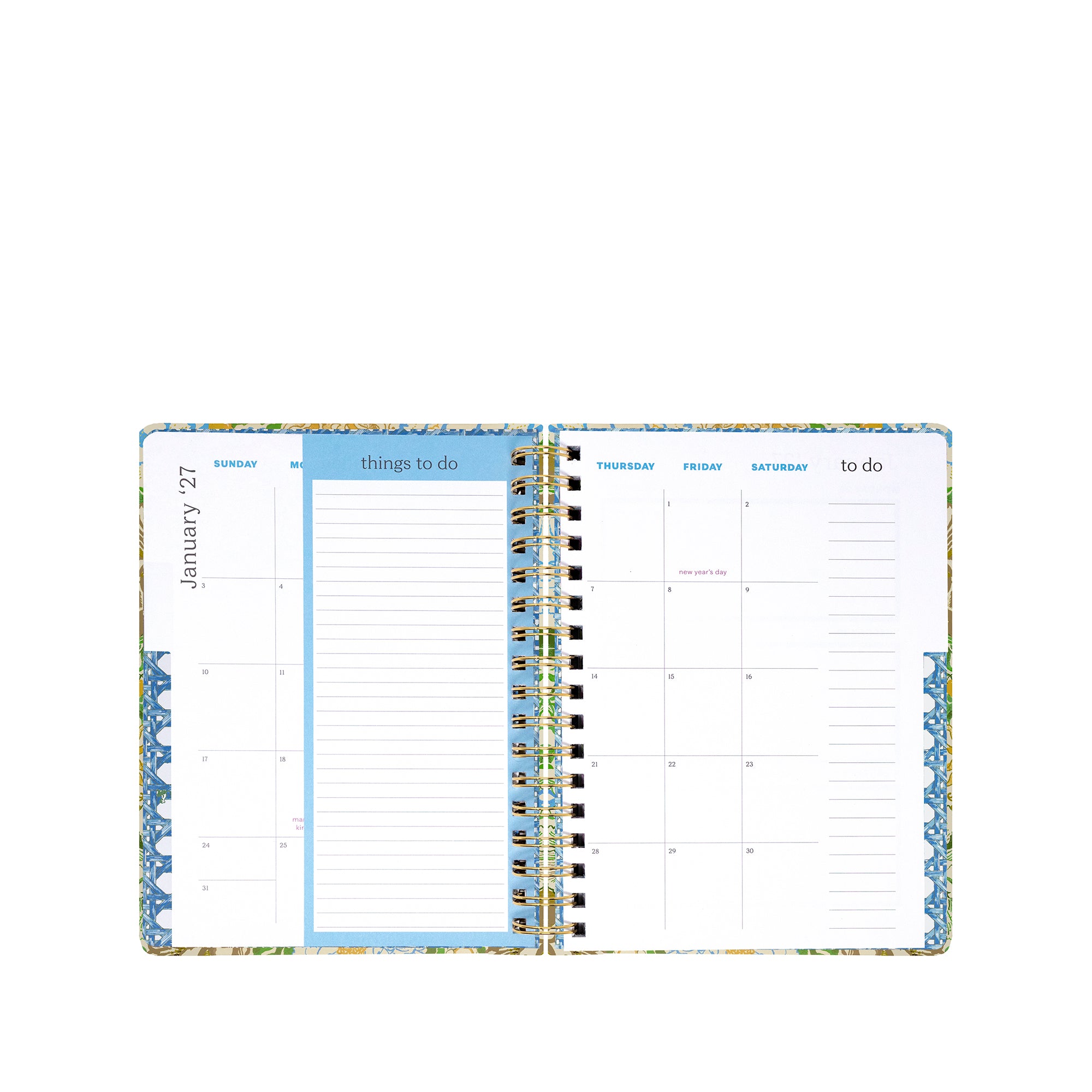 An open spiral-bound planner showing a monthly calendar layout with lined 'things to do' sections, photographed on a plain white background.
