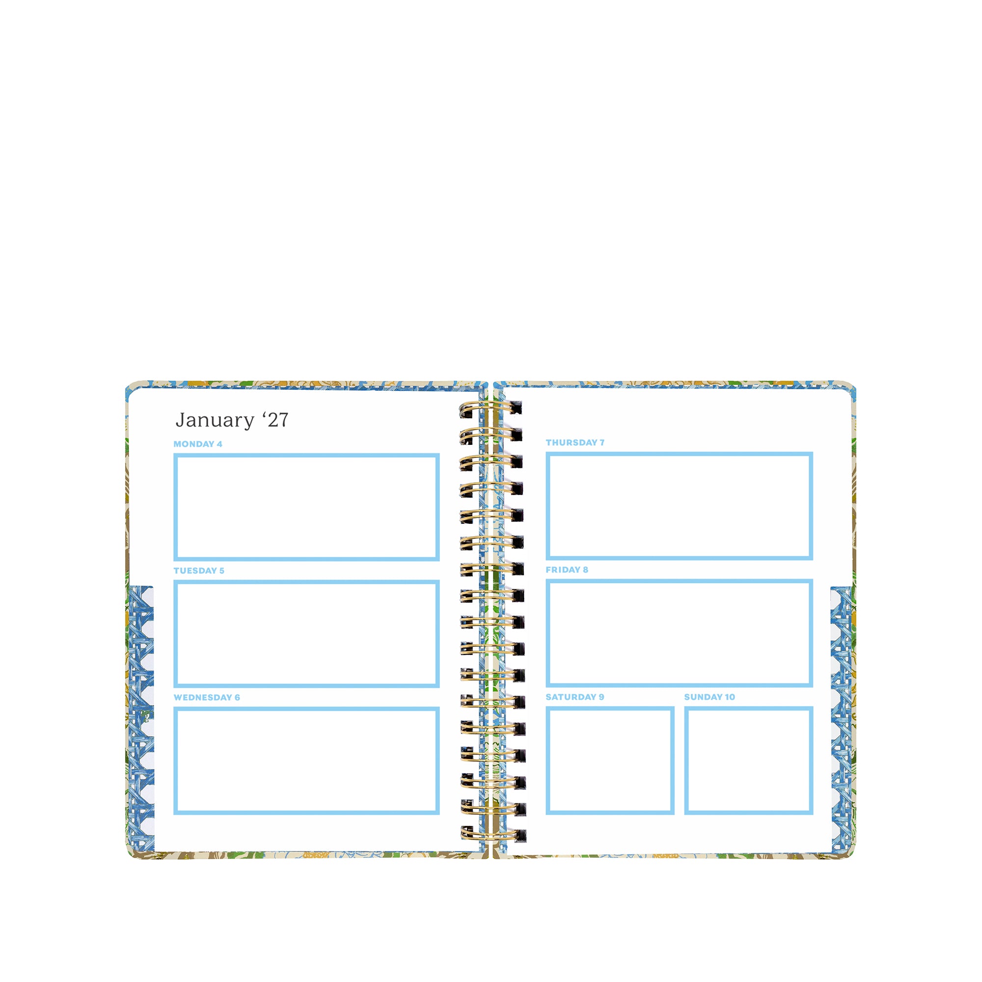 Open planner with monthly layout on a white background