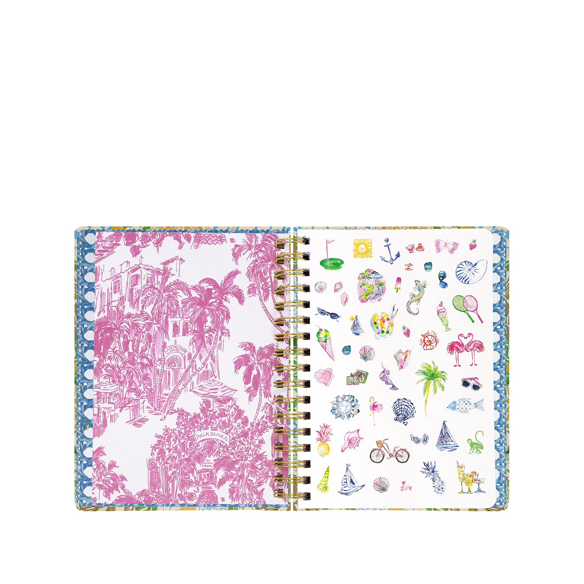 An open spiral-bound planner on a white background, showing a pink tropical toile de Jouy pattern on the left page and a sheet of colorful beach-themed stickers on the right page.