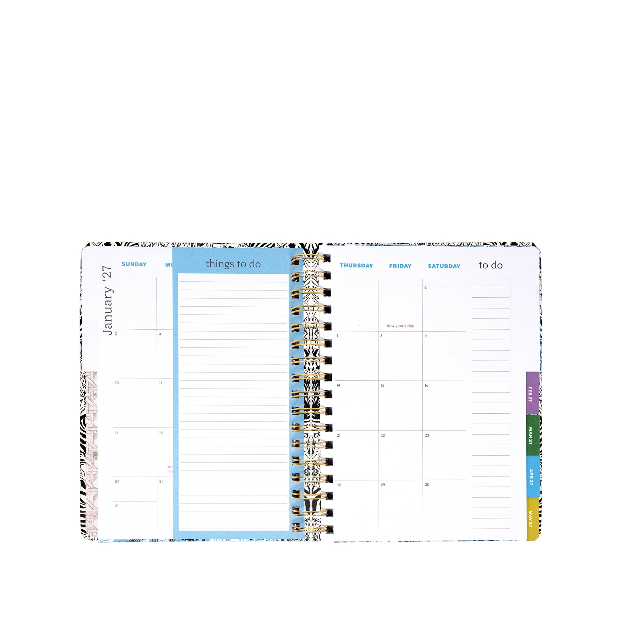 An open spiral-bound planner showing a monthly calendar layout with a 'January 2027' page, a blue 'things to do' section, weekly columns from Monday through Sunday, and colored tabs on the right side.