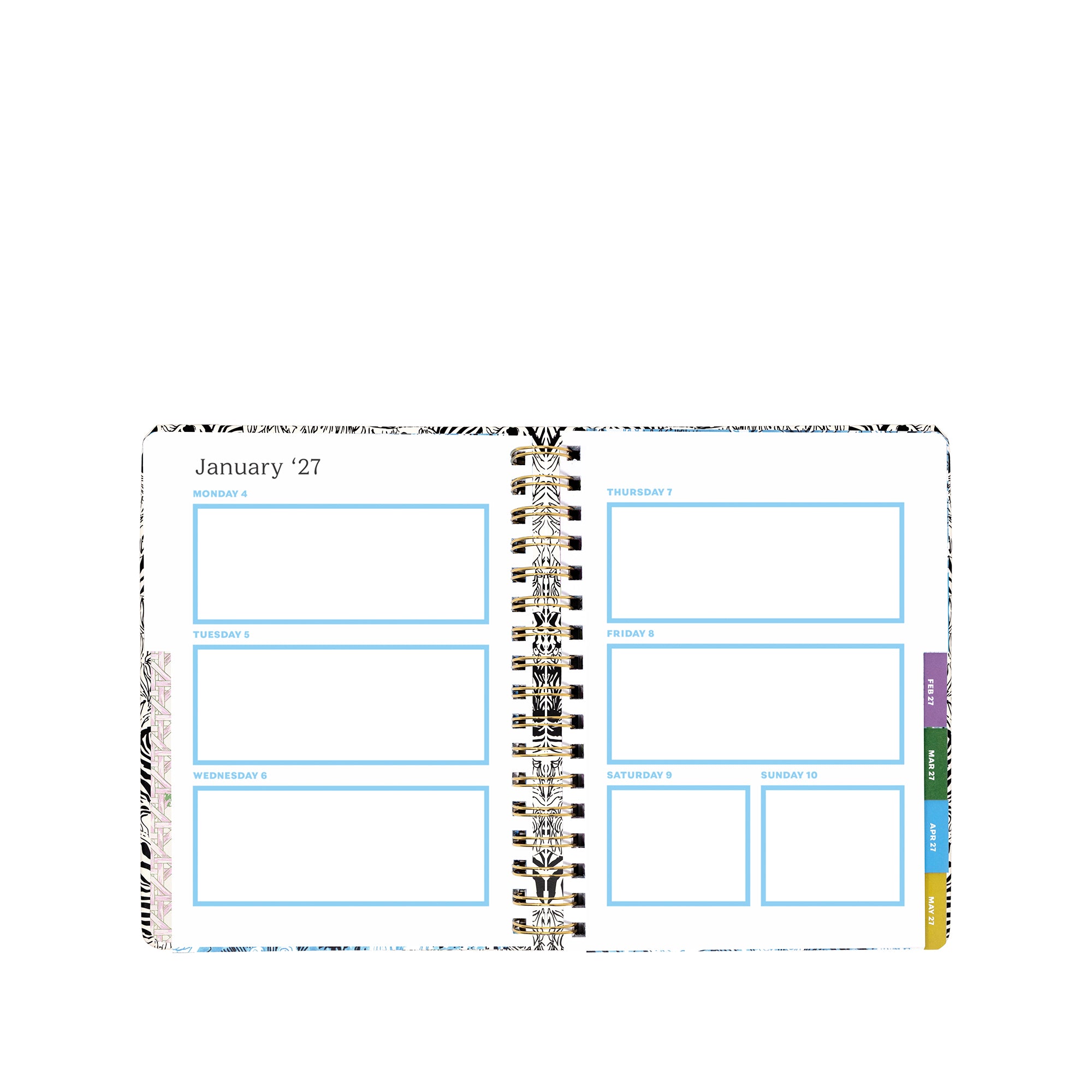 A spiral-bound weekly planner spread shown open on a white background, with labeled boxes for Monday through Sunday and a multicolor tab strip on the right edge.
