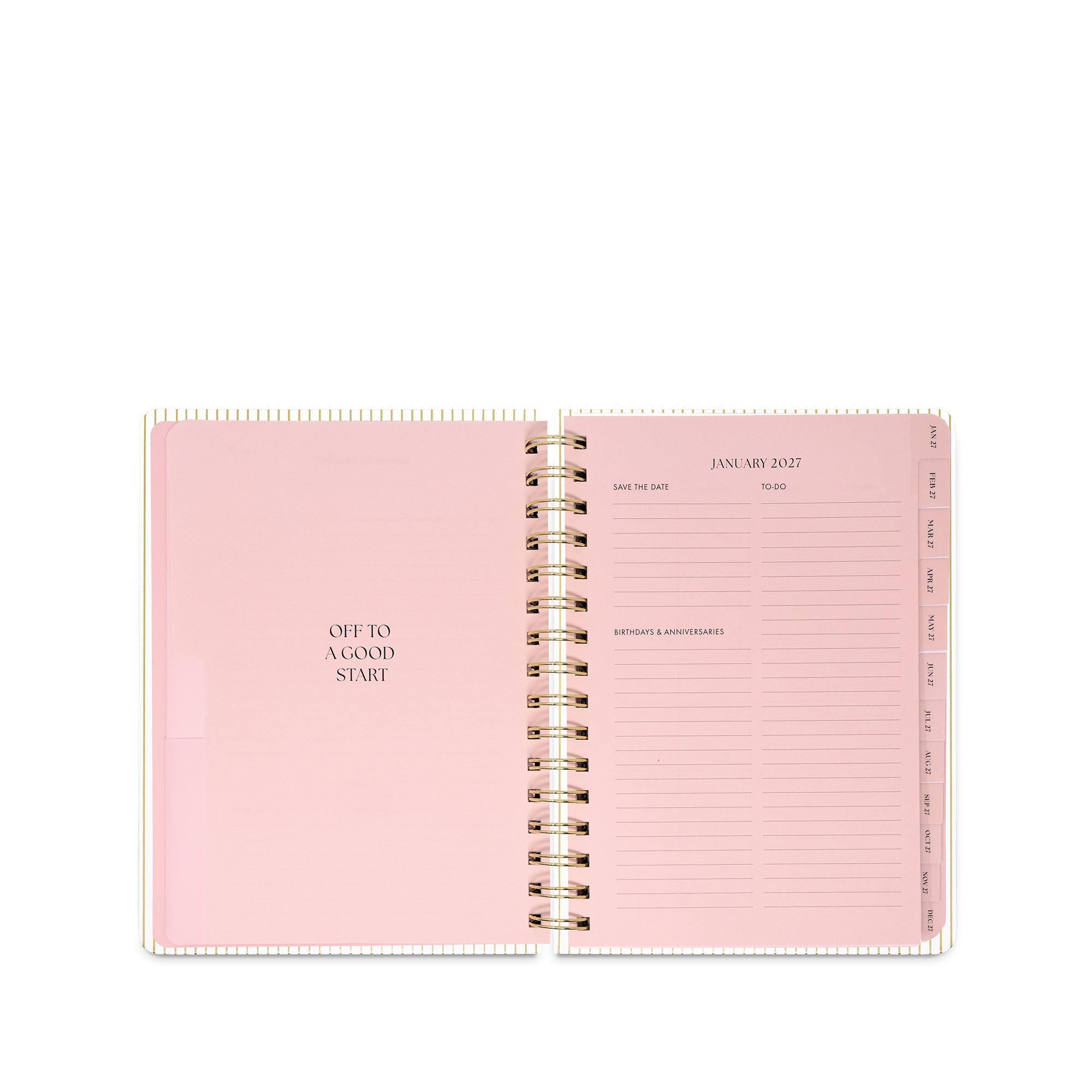 An open spiral-bound planner in pastel pink, showing a January 2023 weekly schedule page with lined sections and a left page that reads 'OFF TO A GOOD START'.