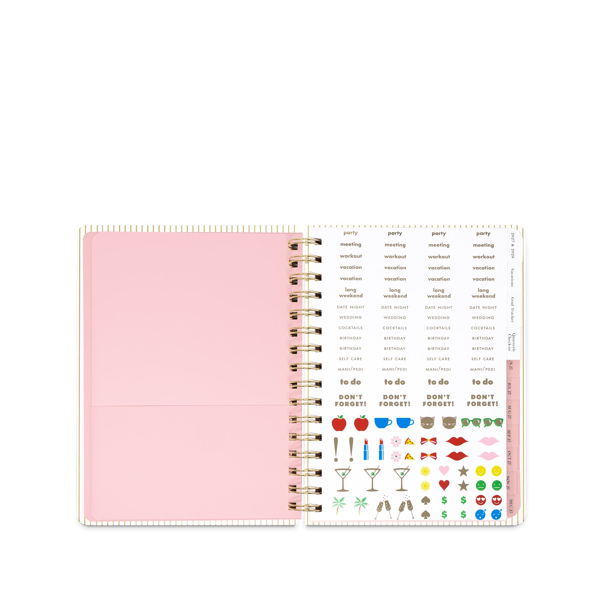 An open spiral-bound planner or agenda showing a light pink page on the left and a sticker sheet on the right with small icons and words such as 'party', 'work', 'to do', and 'don't forget'.