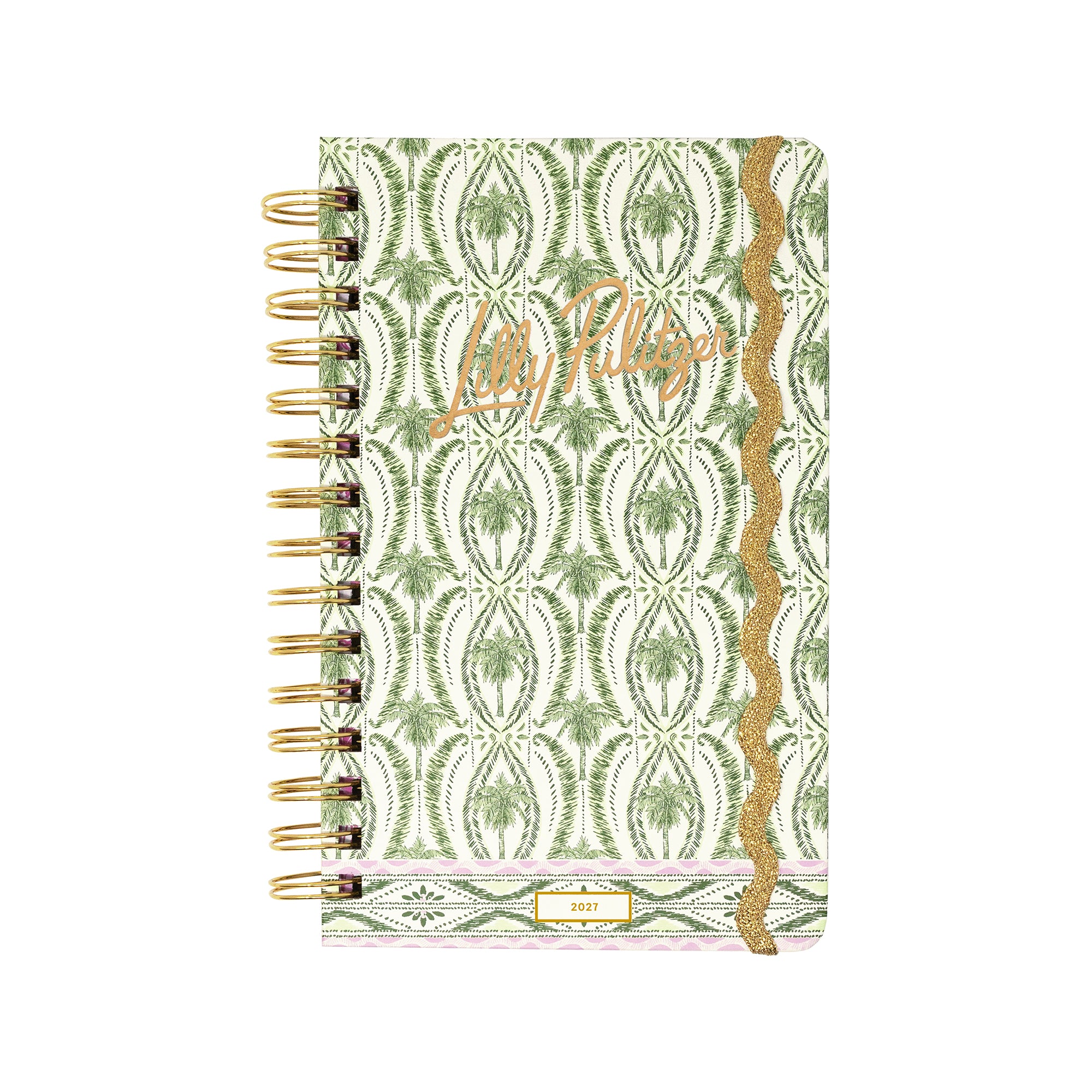 A spiral-bound planner with a green and white palm tree patterned cover, featuring a gold glitter vertical stripe and the cursive brand name 'Lilly Pulitzer' in gold foil on the front.