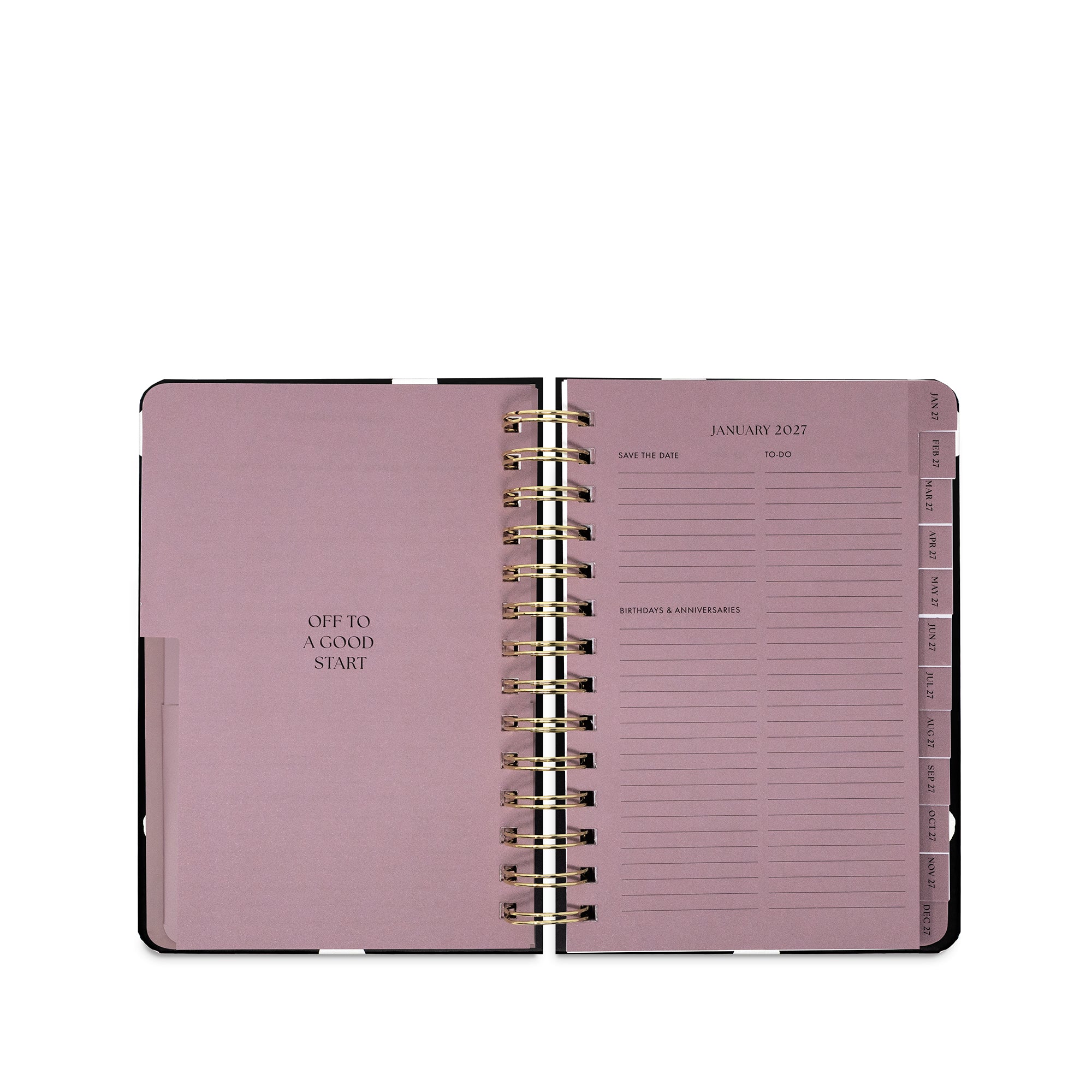 An open spiral-bound planner with dusty pink pages and gold-toned metal rings, shown against a plain white background.