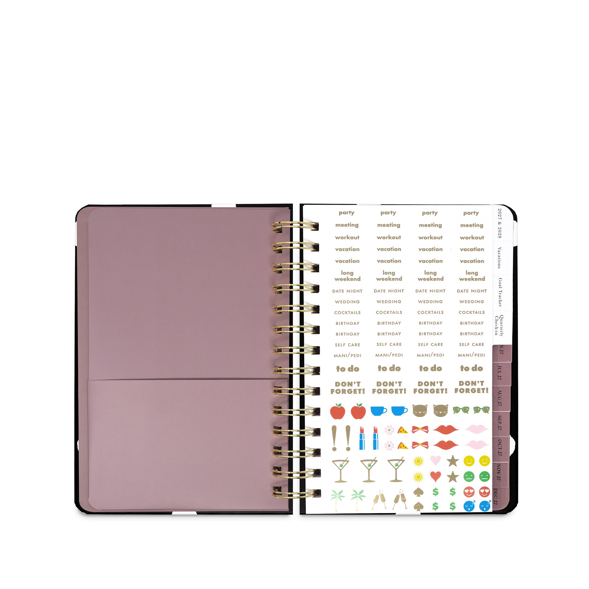 An open spiral-bound planner or agenda with a dusty mauve-pink cover on the left and a white interior page filled with small printed labels, icons, and colored stickers on the right.