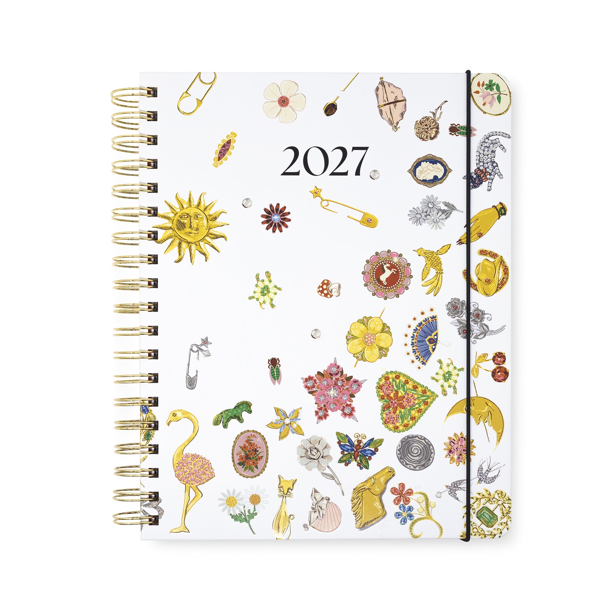 A 2027 spiral-bound planner with a white cover decorated with various colorful vintage-style illustrations, including a sun, flamingo, flowers, and jewelry. The planner is shown closed on a clean white background.