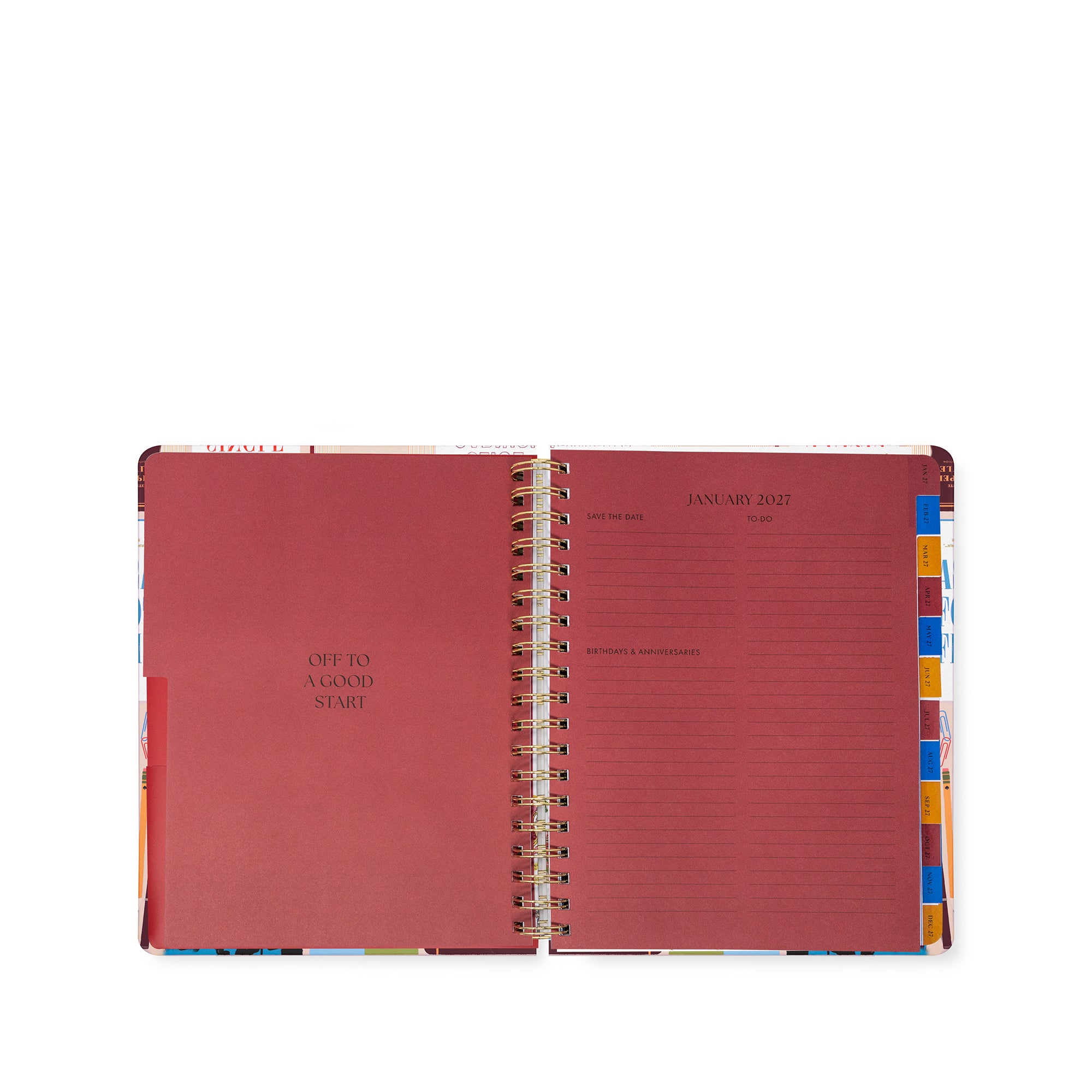 An open spiral-bound planner with a dusty rose red cover and interior pages, shown against a plain white background. The left page reads 'ONE TO A GOOD START', and the right page shows lined January 2022 planning space with colorful tab dividers along the right edge.
