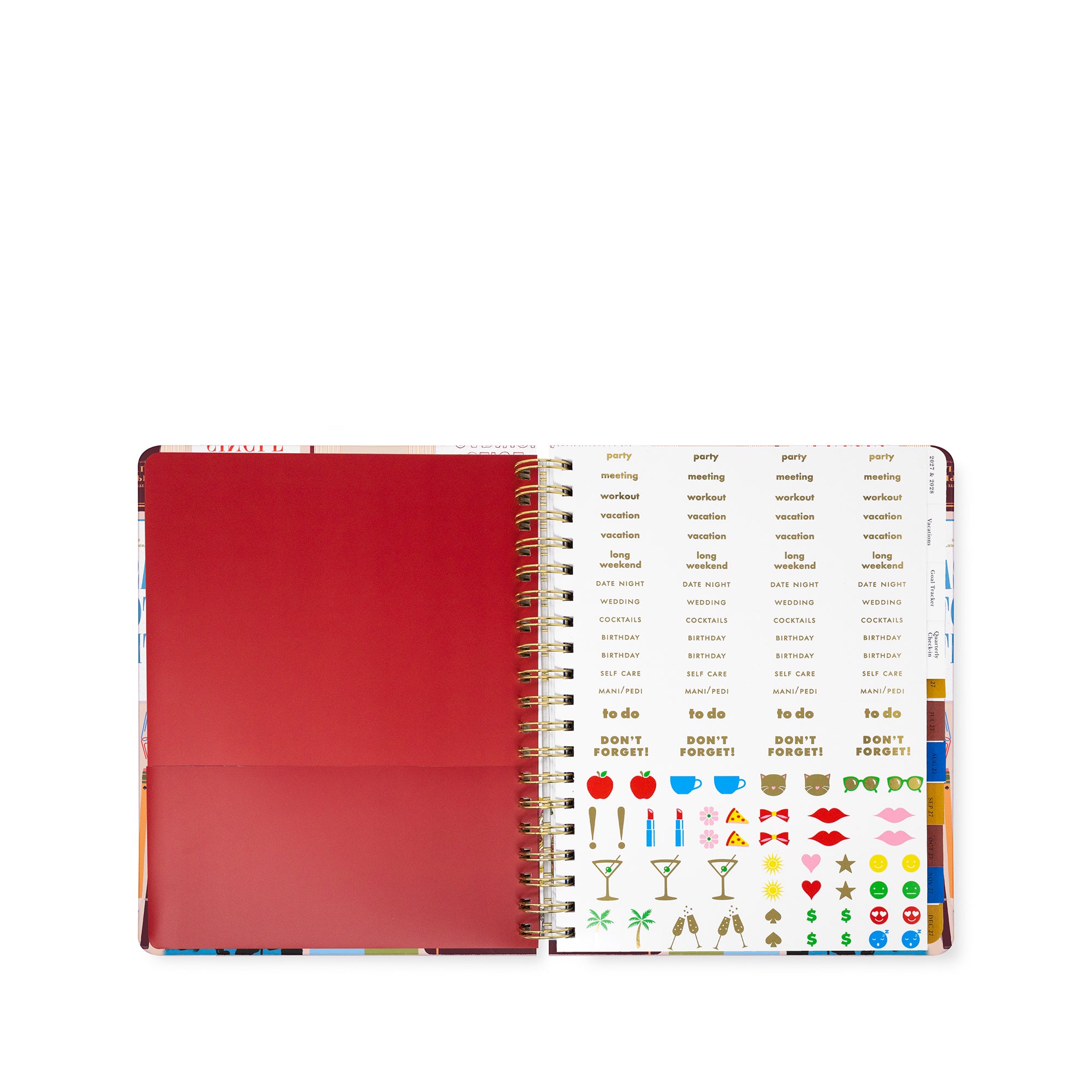 An open spiral-bound planner or agenda showing a solid red left page and colorful insert sheets with text lists and small icons, photographed on a plain white background.