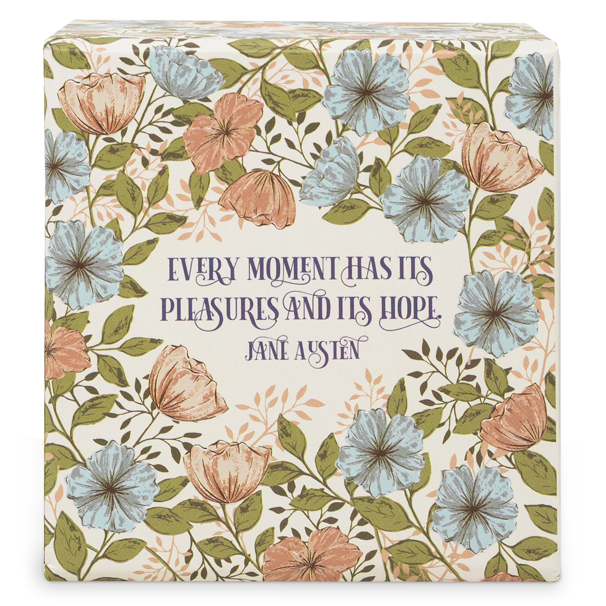 Floral-patterned box with Jane Austen quote on a white background