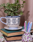 Decorative setup with a plant in a cup, books, and pens on a table.