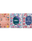 Three book-themed magnets with floral designs and book titles on a white background
