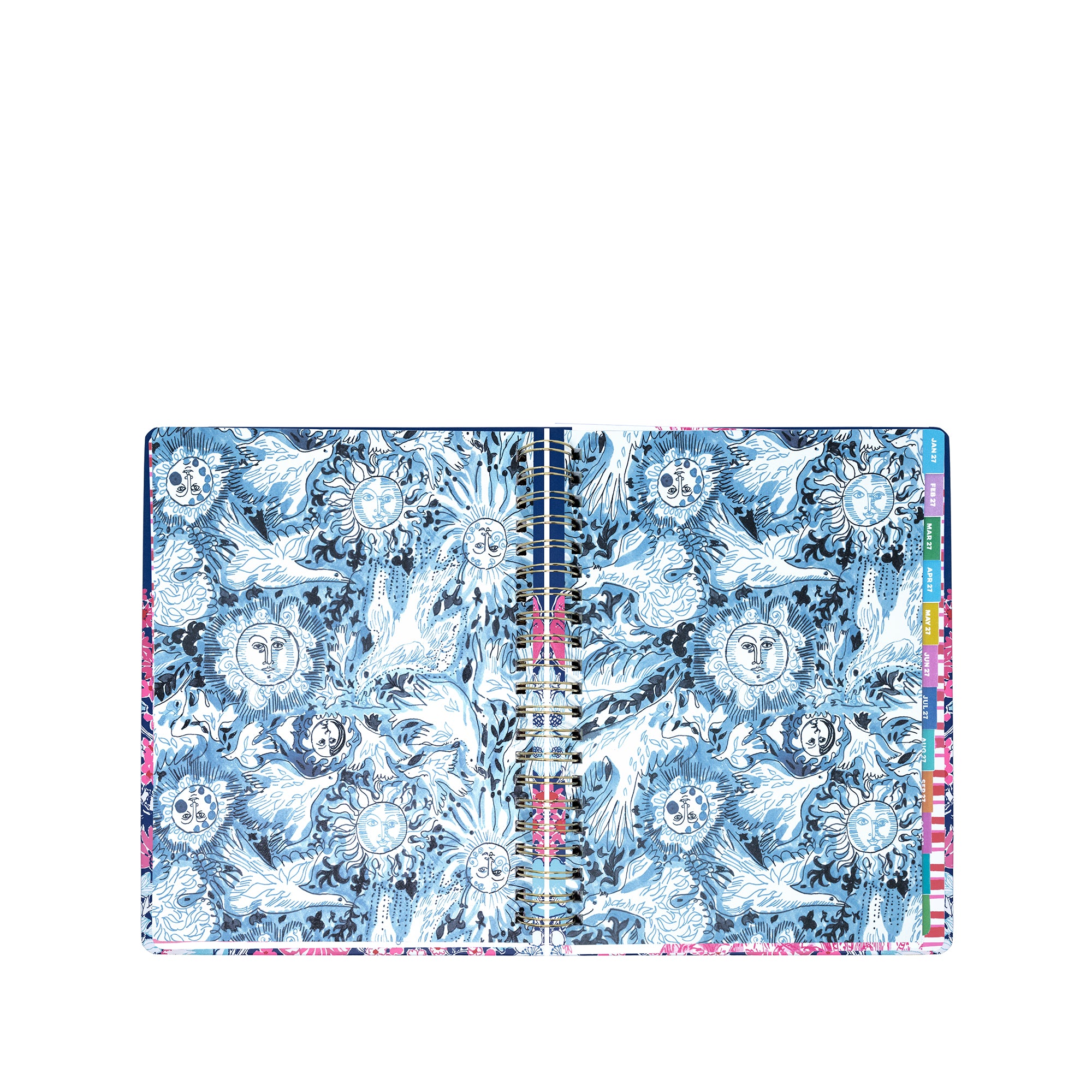 planner with blue and white floral pattern on a white background