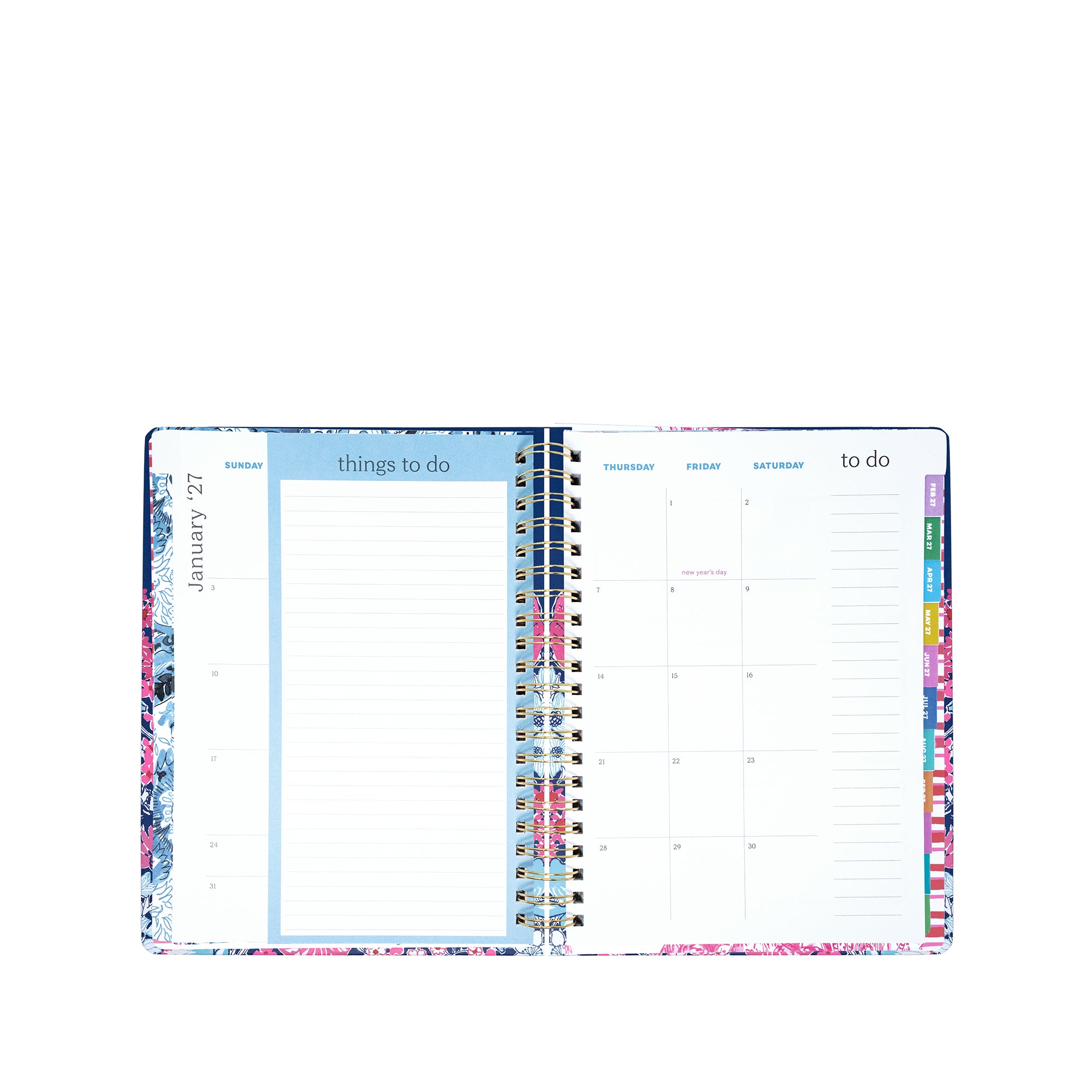 Planner with colorful floral design on a white background
