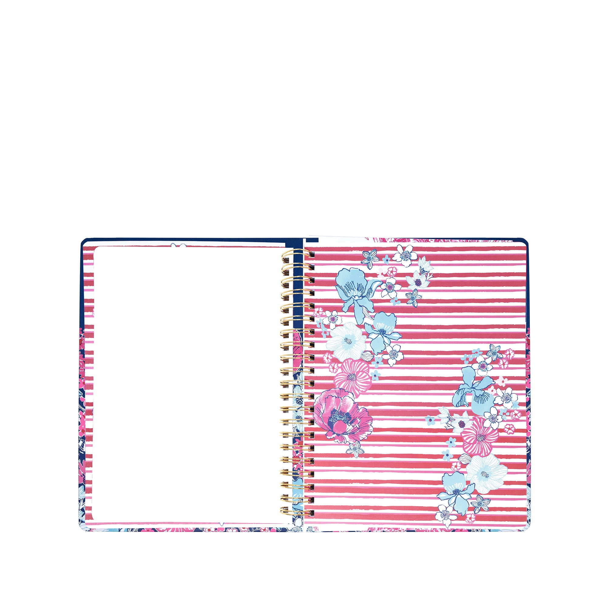 planner with floral design on pink and white striped cover