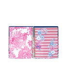 Two spiral-bound planner with colorful floral and striped designs on a white background