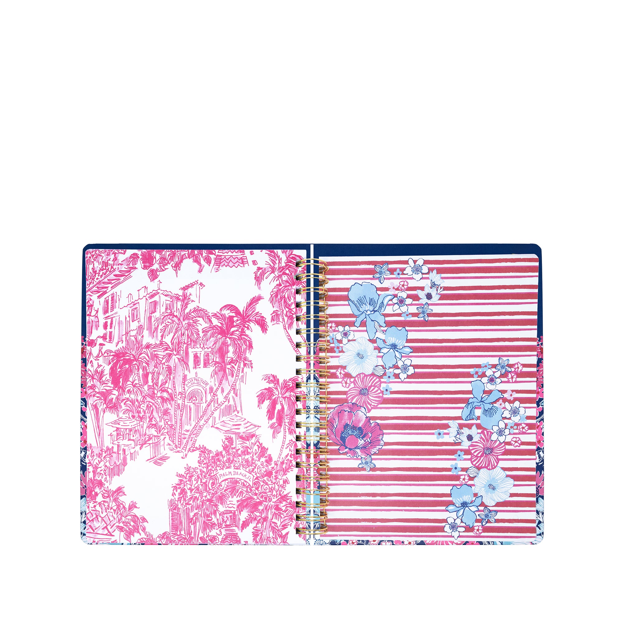 Two spiral-bound planner with colorful floral and striped designs on a white background