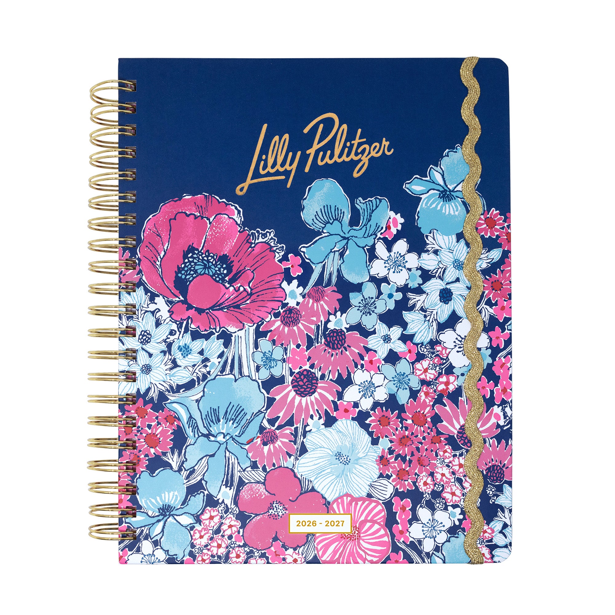 Floral notebook with gold spiral binding on a white background
