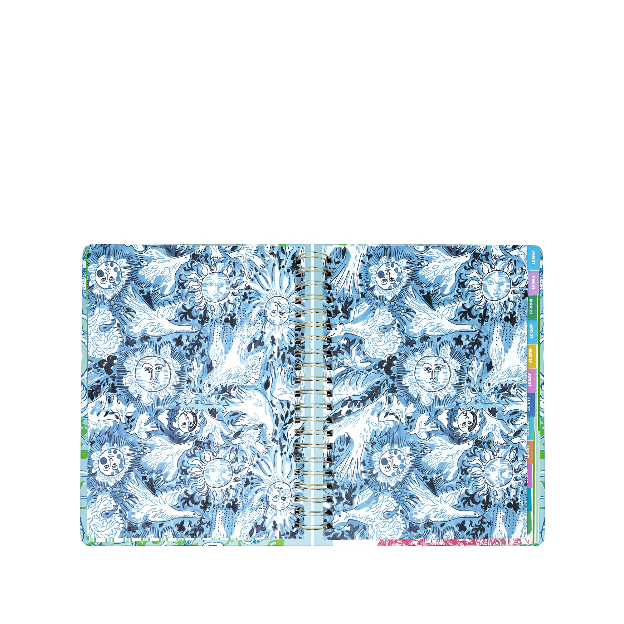 planner with blue floral and celestial design on a white background