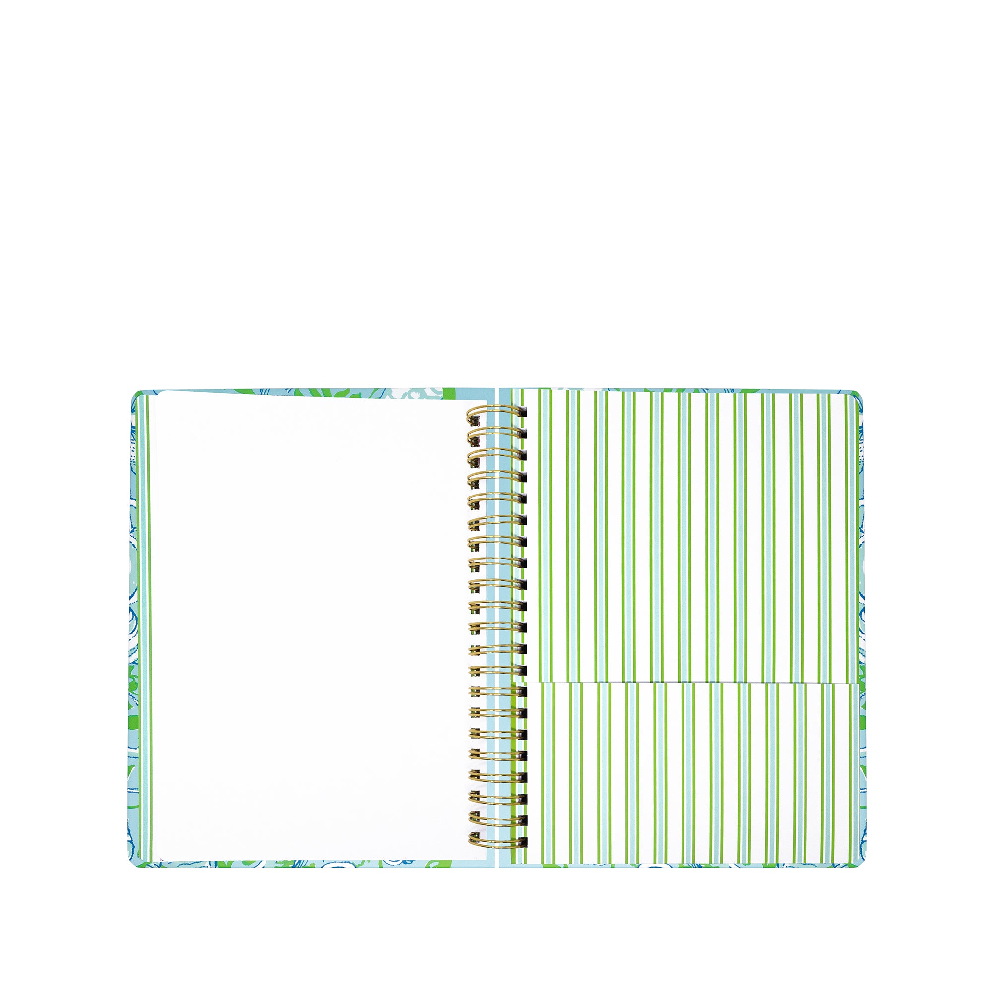 Notebook with a colorful cover and green striped pages on a white background