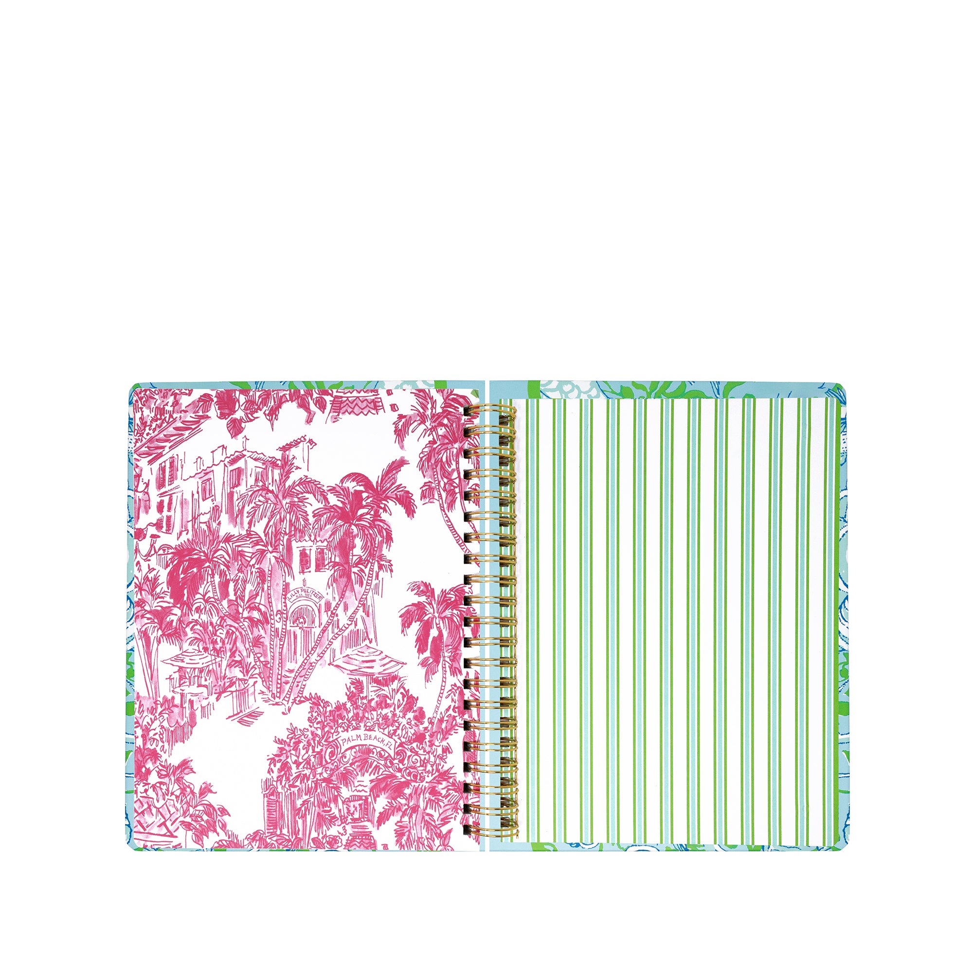 Open planner with pink and white patterned cover and green and white striped interior on a white background